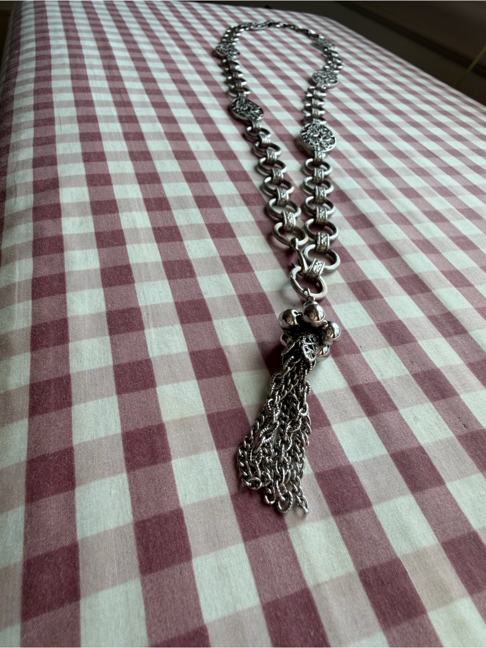 Silver Metal Tassel Belt With Filigree Details